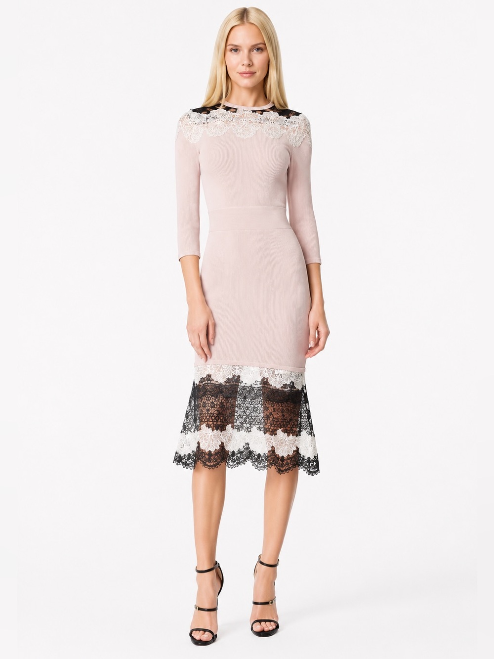 YIGAL AZROUEL Blush Floral Embroidery Lace Knit Midi Dress XS Designer Luxury